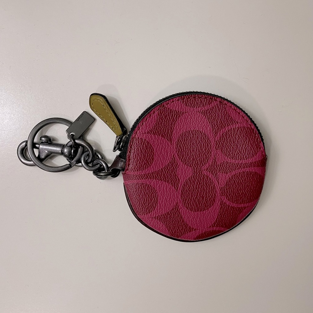 Coach Circular Coin Pouch Bag Charm In Signature Canvas, Gunmetal/Magenta